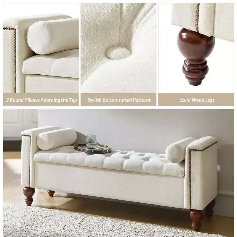 Antonia Storage Bench with Two Circular Pillows and Solid Wood Legs|ART OF LIVING DESIGNS