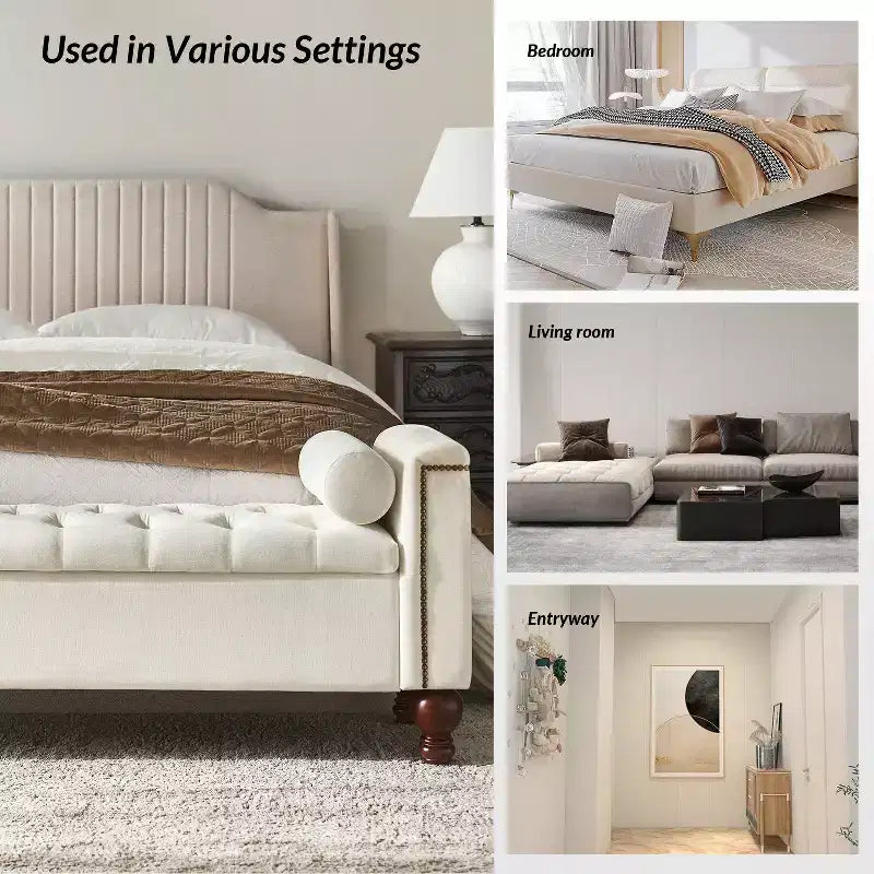 Antonia Storage Bench with Two Circular Pillows and Solid Wood Legs|ART OF LIVING DESIGNS