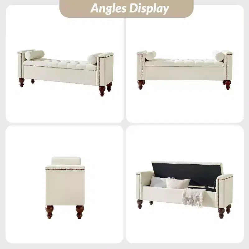 Antonia Storage Bench with Two Circular Pillows and Solid Wood Legs|ART OF LIVING DESIGNS