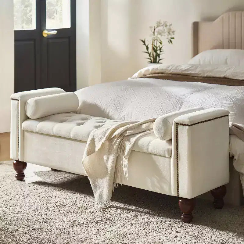Antonia Storage Bench with Two Circular Pillows and Solid Wood Legs|ART OF LIVING DESIGNS