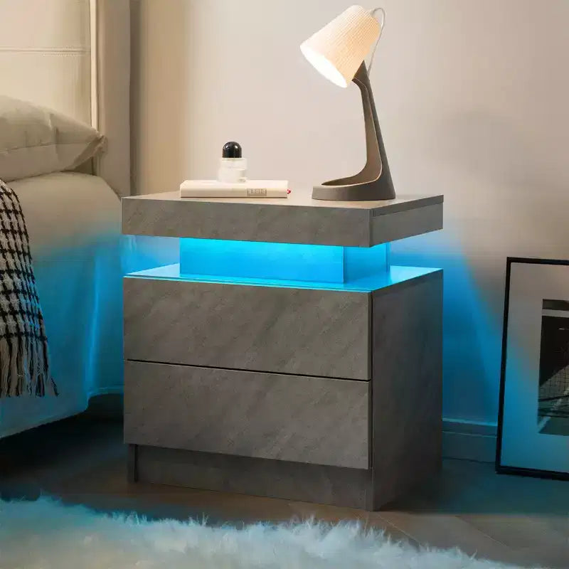 Nightstand LED Bedside Table Cabinet Lights Modern End Side with 2 Drawers for Bedroom (Deep Gray)