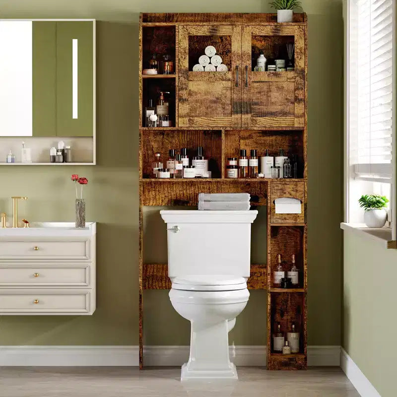 GustoWave Mobiletto sopra WC da Fattoria con 2 Ante Scorrevole e Porta Carta Igienica, Scaffale Salvaspazio per Bagno