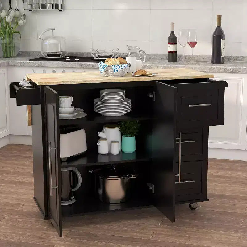 Okak Kitchen Island with Extensible Solid Wood Tabletop, Rolling Kitchen Cart with 2 Doors and 3 Drawers, Countertop Organizer for Home, Black