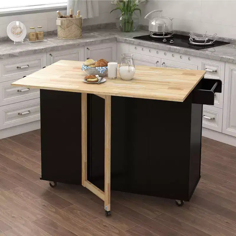 Okak Kitchen Island with Extensible Solid Wood Tabletop, Rolling Kitchen Cart with 2 Doors and 3 Drawers, Countertop Organizer for Home, Black
