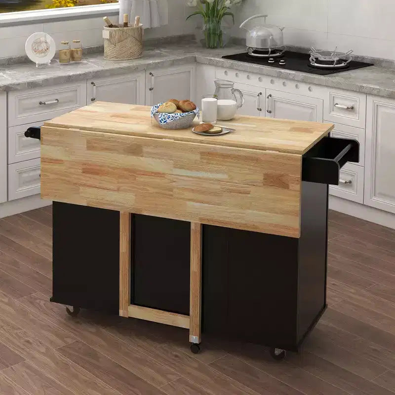 Okak Kitchen Island with Extensible Solid Wood Tabletop, Rolling Kitchen Cart with 2 Doors and 3 Drawers, Countertop Organizer for Home, Black