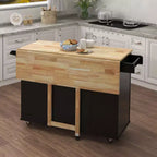 Okak Kitchen Island with Extensible Solid Wood Tabletop, Rolling Kitchen Cart with 2 Doors and 3 Drawers, Countertop Organizer for Home, Black