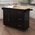 Okak Kitchen Island with Extensible Solid Wood Tabletop, Rolling Kitchen Cart with 2 Doors and 3 Drawers, Countertop Organizer for Home, Black