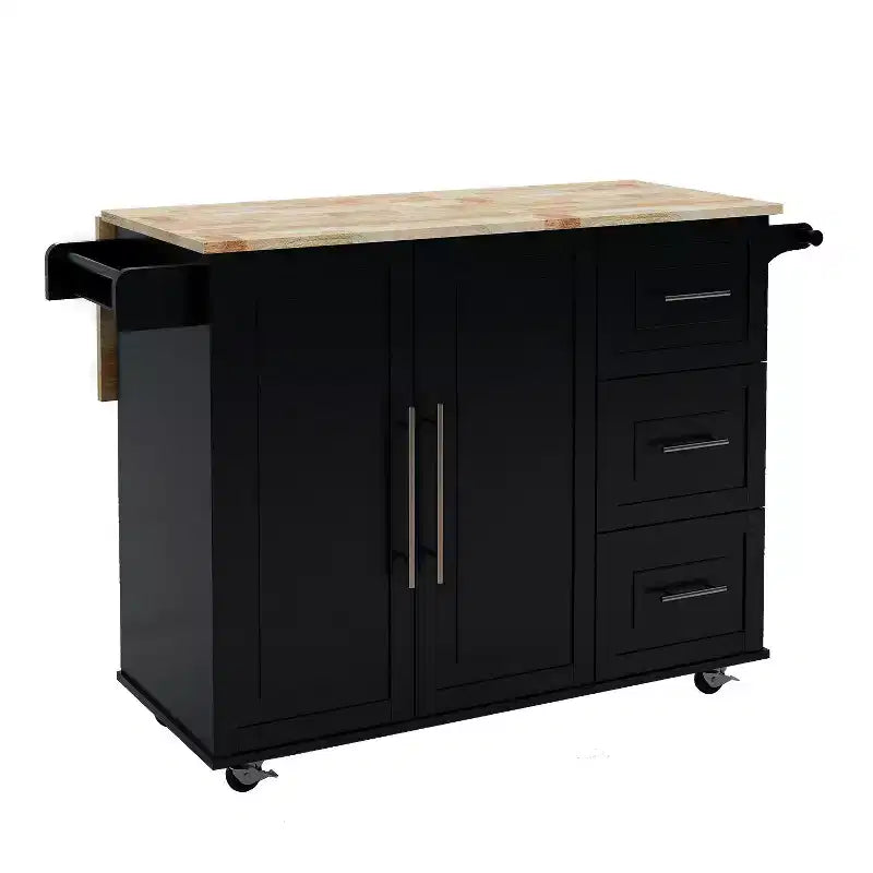 Okak Kitchen Island with Extensible Solid Wood Tabletop, Rolling Kitchen Cart with 2 Doors and 3 Drawers, Countertop Organizer for Home, Black