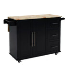Okak Kitchen Island with Extensible Solid Wood Tabletop, Rolling Kitchen Cart with 2 Doors and 3 Drawers, Countertop Organizer for Home, Black
