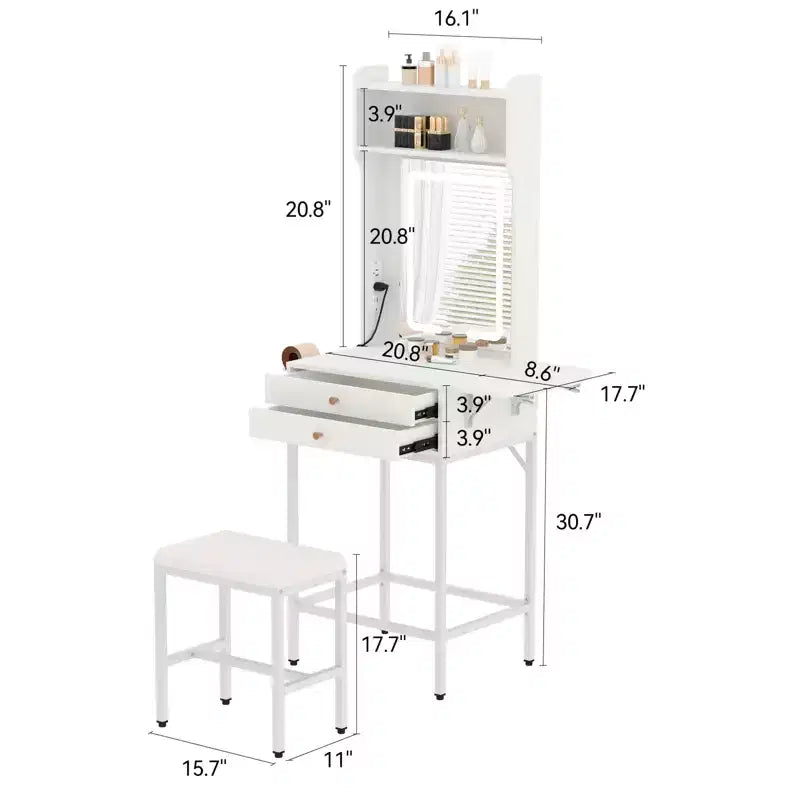 COZONY Small Makeup Vanity Desk with Mirror, Mini Adjustable Lighted Vanity Table with Hair Dryer Holder, 2 Drawers & Fold-Up Panel for Bedrooms