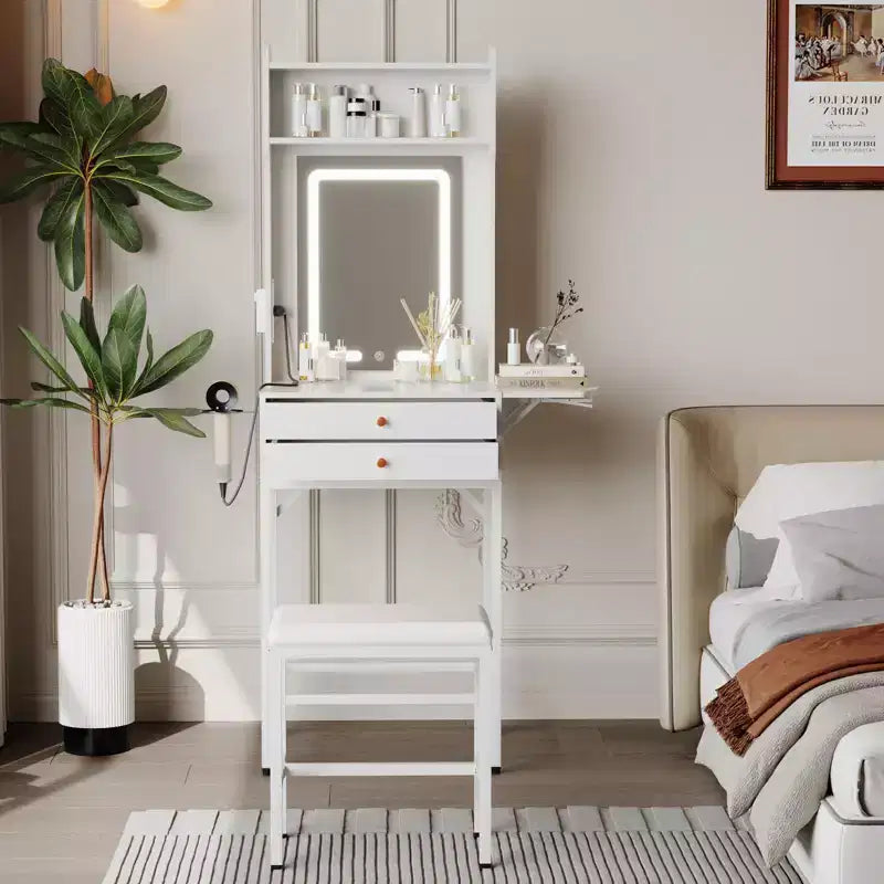 COZONY Small Makeup Vanity Desk with Mirror, Mini Adjustable Lighted Vanity Table with Hair Dryer Holder, 2 Drawers & Fold-Up Panel for Bedrooms