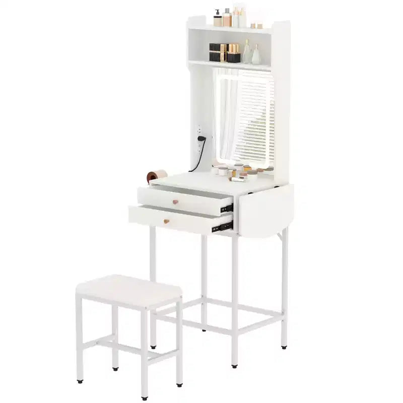 COZONY Small Makeup Vanity Desk with Mirror, Mini Adjustable Lighted Vanity Table with Hair Dryer Holder, 2 Drawers & Fold-Up Panel for Bedrooms