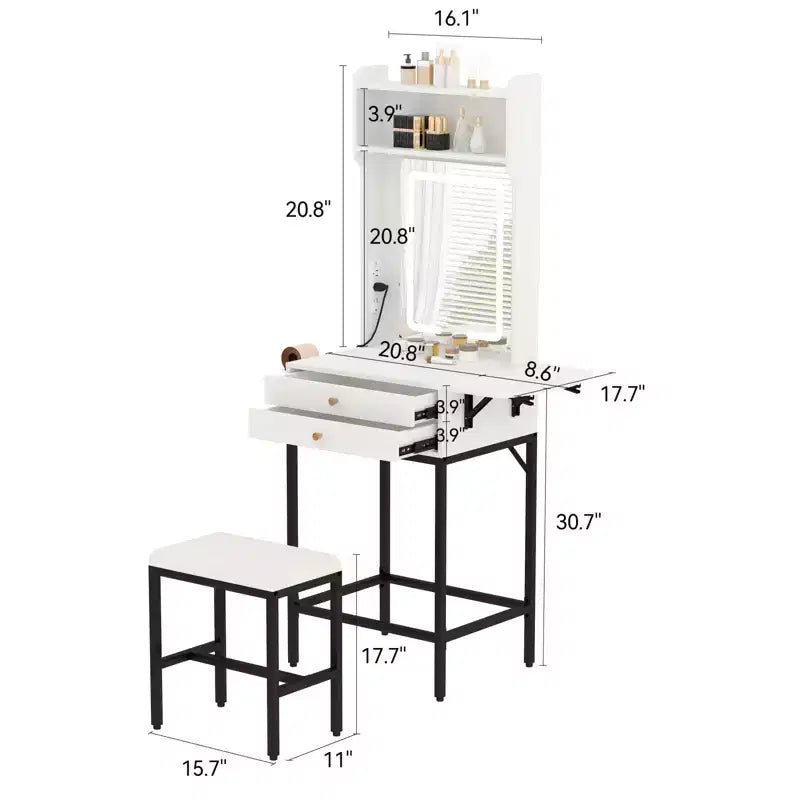COZONY Small Makeup Vanity Desk with Mirror, Mini Adjustable Lighted Vanity Table with Hair Dryer Holder, 2 Drawers & Fold-Up Panel for Bedrooms