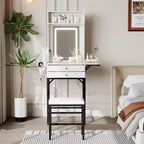 COZONY Small Makeup Vanity Desk with Mirror, Mini Adjustable Lighted Vanity Table with Hair Dryer Holder, 2 Drawers & Fold-Up Panel for Bedrooms