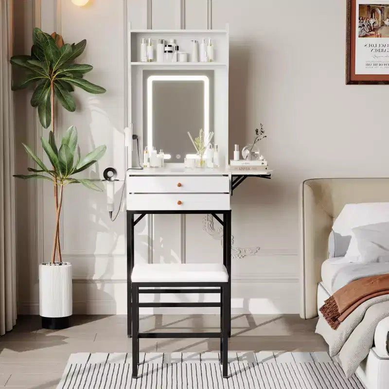 COZONY Small Makeup Vanity Desk with Mirror, Mini Adjustable Lighted Vanity Table with Hair Dryer Holder, 2 Drawers & Fold-Up Panel for Bedrooms