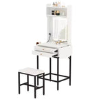 COZONY Small Makeup Vanity Desk with Mirror, Mini Adjustable Lighted Vanity Table with Hair Dryer Holder, 2 Drawers & Fold-Up Panel for Bedrooms