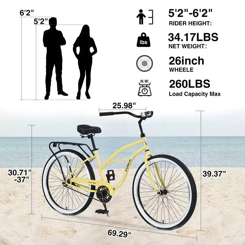 Bicicletta Whisen 26 da uomo, single speed con telaio in acciaio, ruote larghe per maggiore stabilità