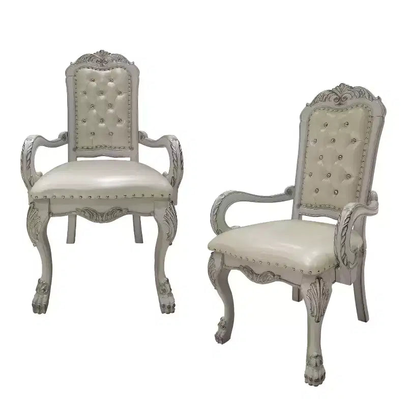 HomeRoots Set of Two Tufted White Upholstered Faux Leather And Wood Dining Arm Chairs