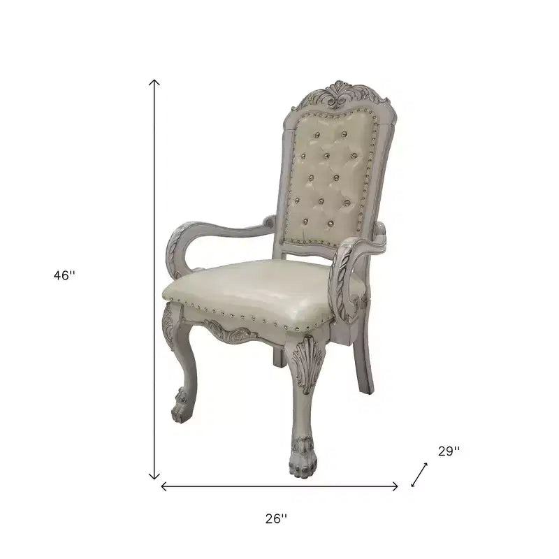 HomeRoots Set of Two Tufted White Upholstered Faux Leather And Wood Dining Arm Chairs