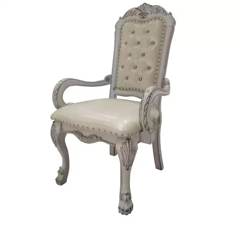 HomeRoots Set of Two Tufted White Upholstered Faux Leather And Wood Dining Arm Chairs