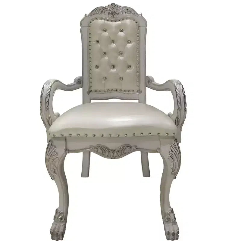 HomeRoots Set of Two Tufted White Upholstered Faux Leather And Wood Dining Arm Chairs