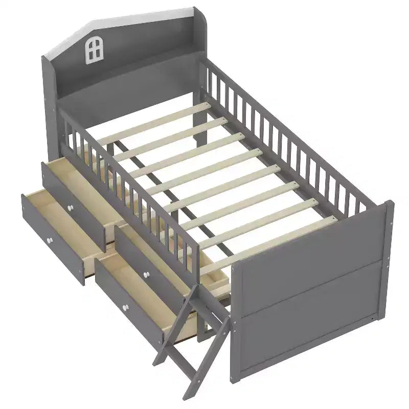 Twin Size Low Loft Bed with Storage 4 Drawers, Wooden Loft Bed with Guardrail Headboard and Ladder, Twin Platform Bed for Kids
