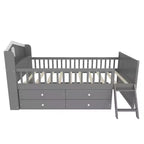 Twin Size Low Loft Bed with Storage 4 Drawers, Wooden Loft Bed with Guardrail Headboard and Ladder, Twin Platform Bed for Kids