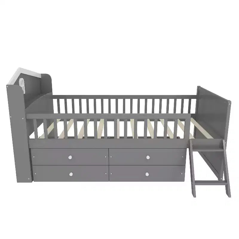 Twin Size Low Loft Bed with Storage 4 Drawers, Wooden Loft Bed with Guardrail Headboard and Ladder, Twin Platform Bed for Kids