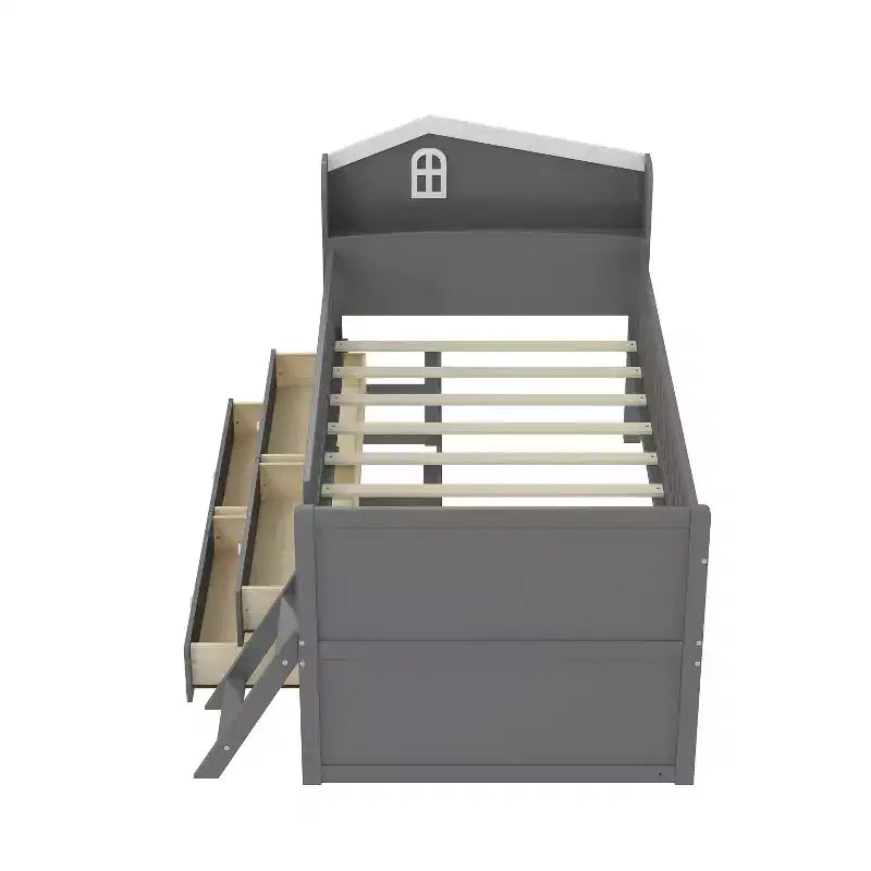 Twin Size Low Loft Bed with Storage 4 Drawers, Wooden Loft Bed with Guardrail Headboard and Ladder, Twin Platform Bed for Kids
