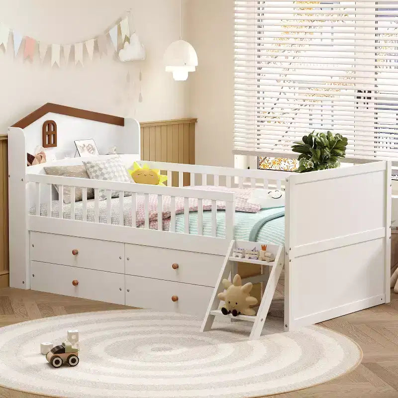 Twin Size Low Loft Bed with Storage 4 Drawers, Wooden Loft Bed with Guardrail Headboard and Ladder, Twin Platform Bed for Kids