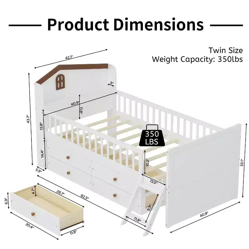 Twin Size Low Loft Bed with Storage 4 Drawers, Wooden Loft Bed with Guardrail Headboard and Ladder, Twin Platform Bed for Kids