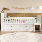 Twin Size Low Loft Bed with Storage 4 Drawers, Wooden Loft Bed with Guardrail Headboard and Ladder, Twin Platform Bed for Kids