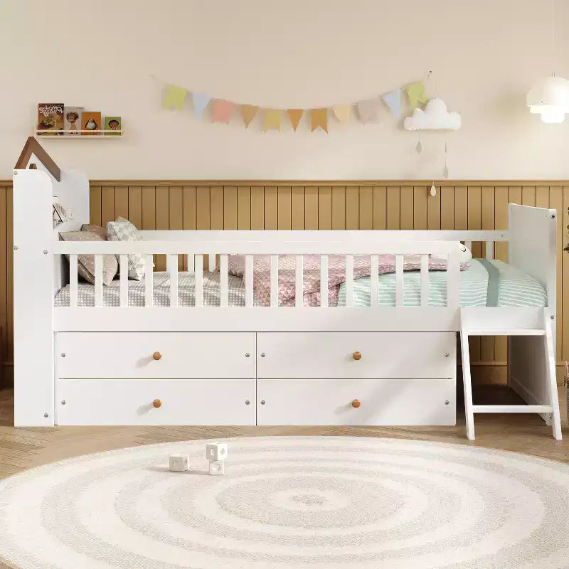 Twin Size Low Loft Bed with Storage 4 Drawers, Wooden Loft Bed with Guardrail Headboard and Ladder, Twin Platform Bed for Kids