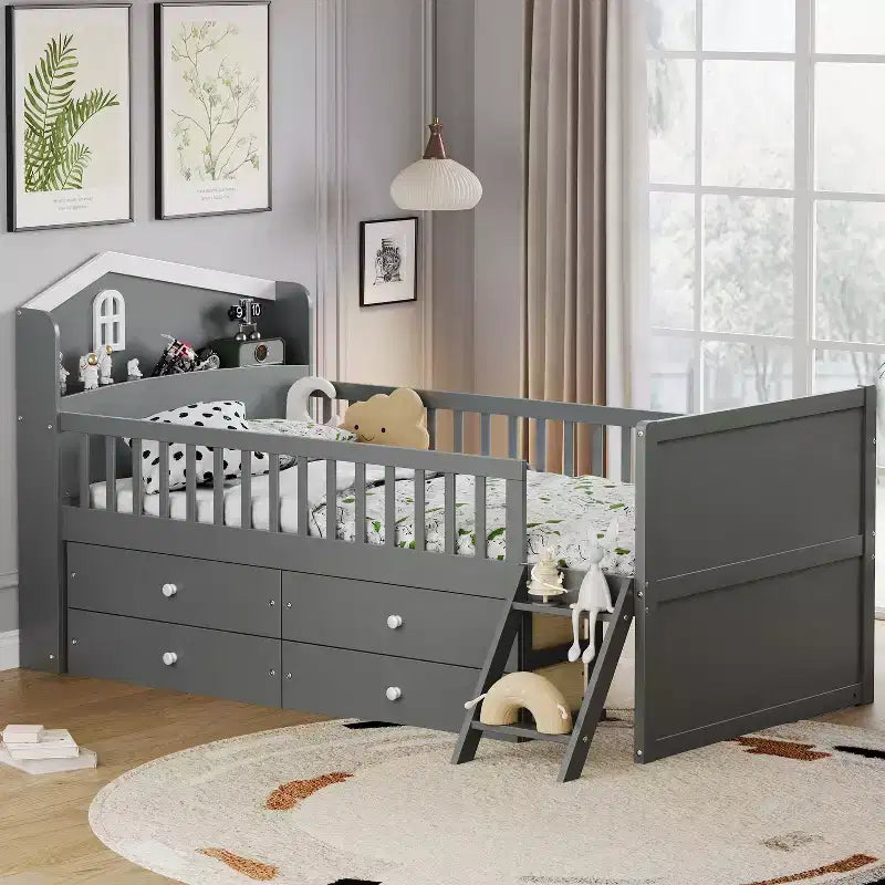 Twin Size Low Loft Bed with Storage 4 Drawers, Wooden Loft Bed with Guardrail Headboard and Ladder, Twin Platform Bed for Kids
