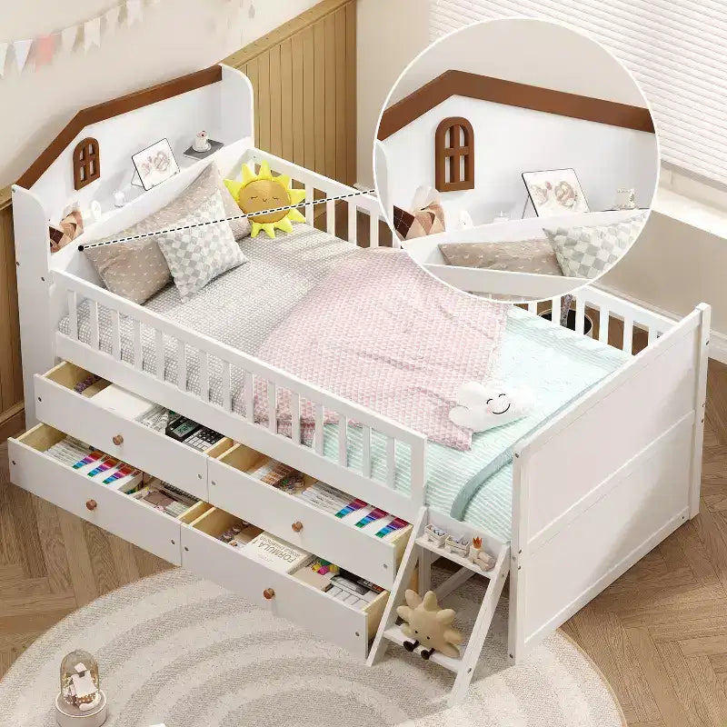 Twin Size Low Loft Bed with Storage 4 Drawers, Wooden Loft Bed with Guardrail Headboard and Ladder, Twin Platform Bed for Kids