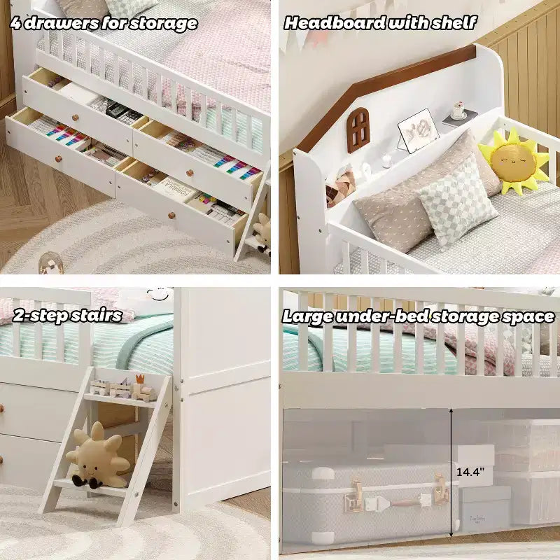 Twin Size Low Loft Bed with Storage 4 Drawers, Wooden Loft Bed with Guardrail Headboard and Ladder, Twin Platform Bed for Kids