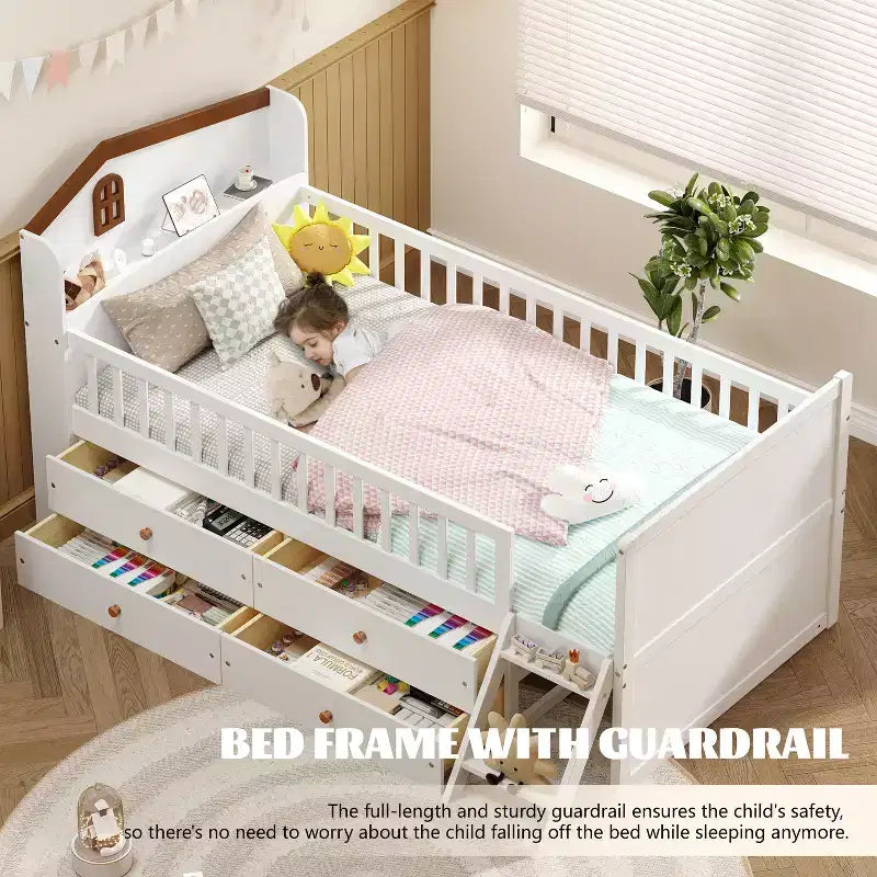 Twin Size Low Loft Bed with Storage 4 Drawers, Wooden Loft Bed with Guardrail Headboard and Ladder, Twin Platform Bed for Kids