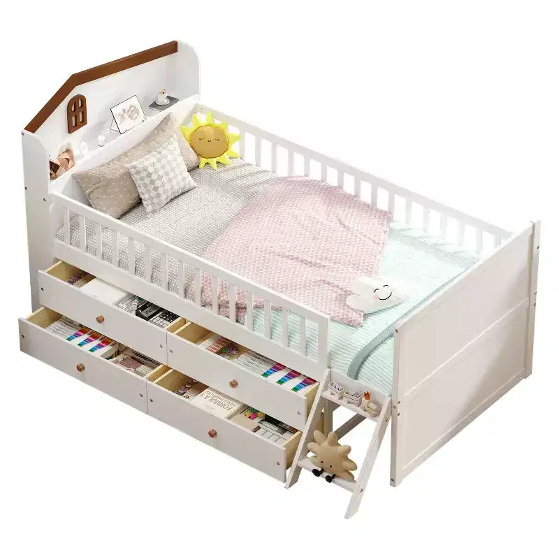 Twin Size Low Loft Bed with Storage 4 Drawers, Wooden Loft Bed with Guardrail Headboard and Ladder, Twin Platform Bed for Kids