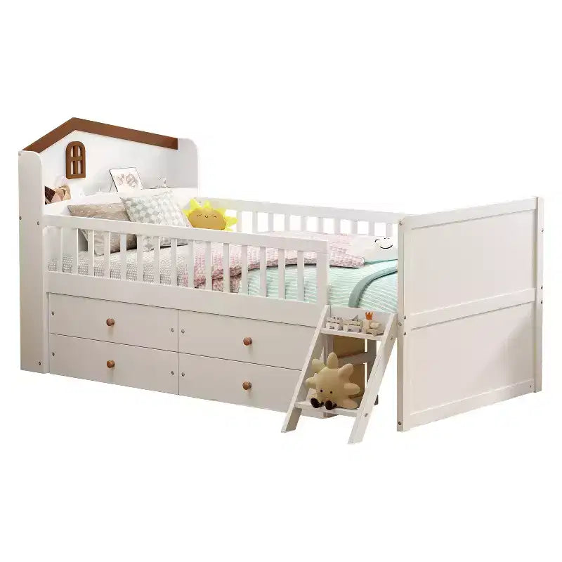 Twin Size Low Loft Bed with Storage 4 Drawers, Wooden Loft Bed with Guardrail Headboard and Ladder, Twin Platform Bed for Kids