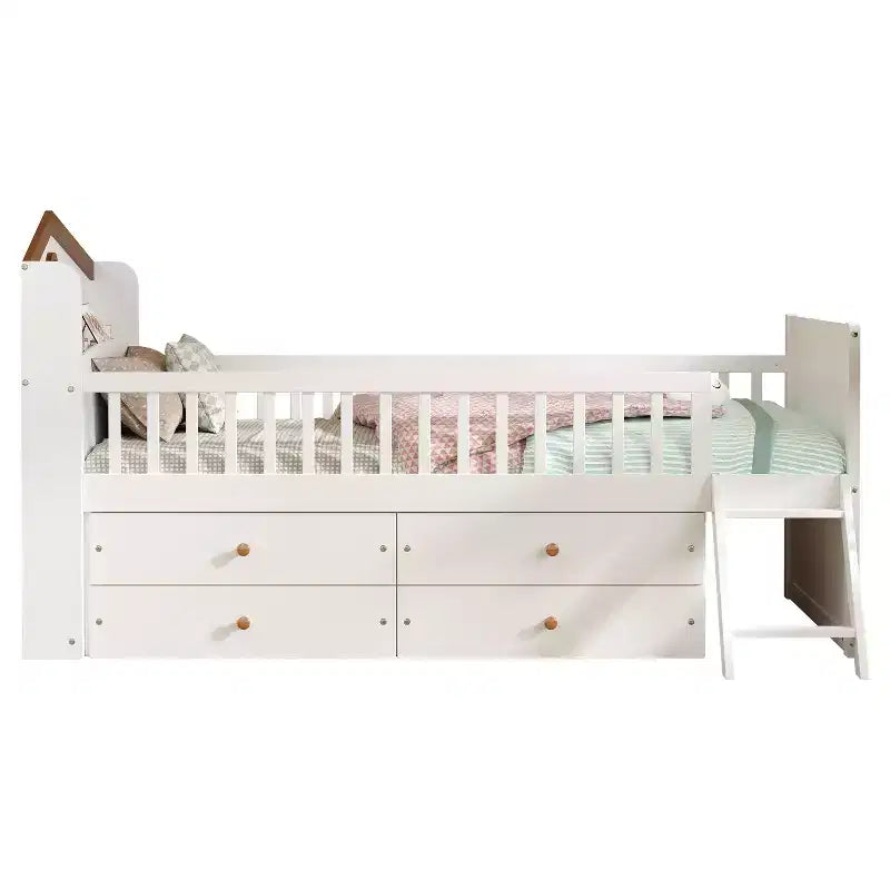 Twin Size Low Loft Bed with Storage 4 Drawers, Wooden Loft Bed with Guardrail Headboard and Ladder, Twin Platform Bed for Kids