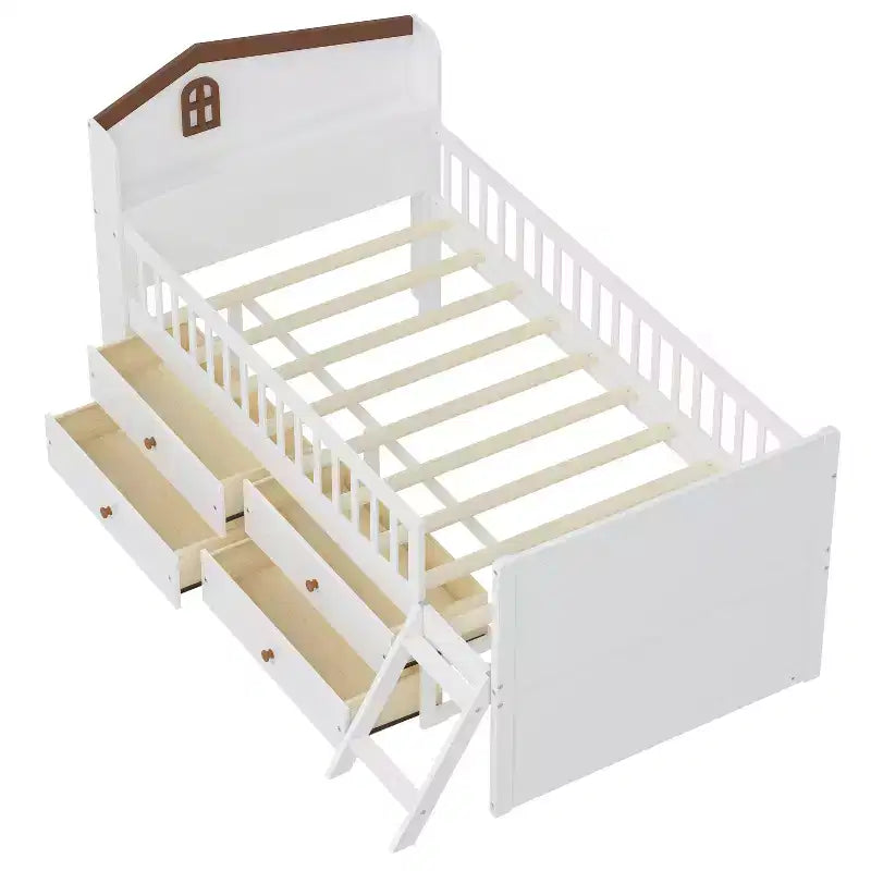Twin Size Low Loft Bed with Storage 4 Drawers, Wooden Loft Bed with Guardrail Headboard and Ladder, Twin Platform Bed for Kids
