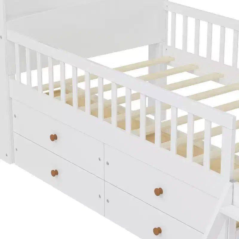 Twin Size Low Loft Bed with Storage 4 Drawers, Wooden Loft Bed with Guardrail Headboard and Ladder, Twin Platform Bed for Kids