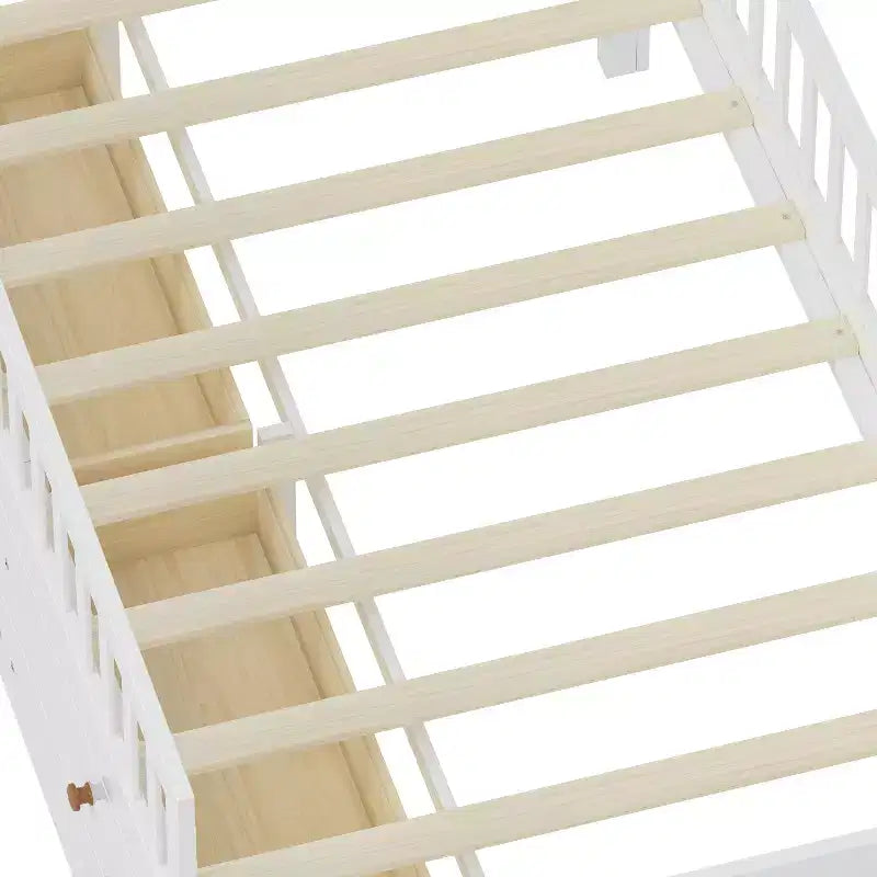 Twin Size Low Loft Bed with Storage 4 Drawers, Wooden Loft Bed with Guardrail Headboard and Ladder, Twin Platform Bed for Kids