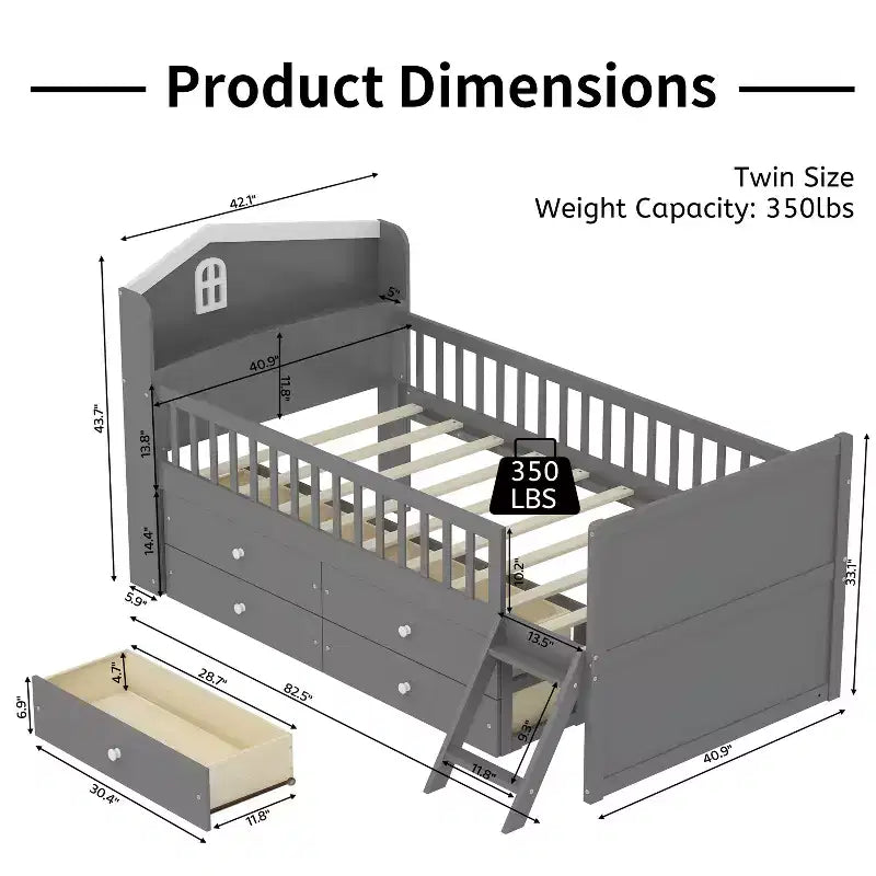 Twin Size Low Loft Bed with Storage 4 Drawers, Wooden Loft Bed with Guardrail Headboard and Ladder, Twin Platform Bed for Kids