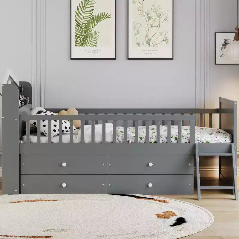 Twin Size Low Loft Bed with Storage 4 Drawers, Wooden Loft Bed with Guardrail Headboard and Ladder, Twin Platform Bed for Kids