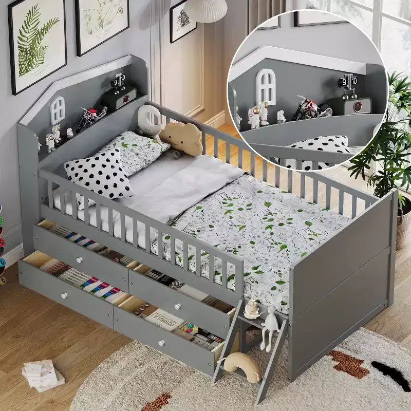 Twin Size Low Loft Bed with Storage 4 Drawers, Wooden Loft Bed with Guardrail Headboard and Ladder, Twin Platform Bed for Kids