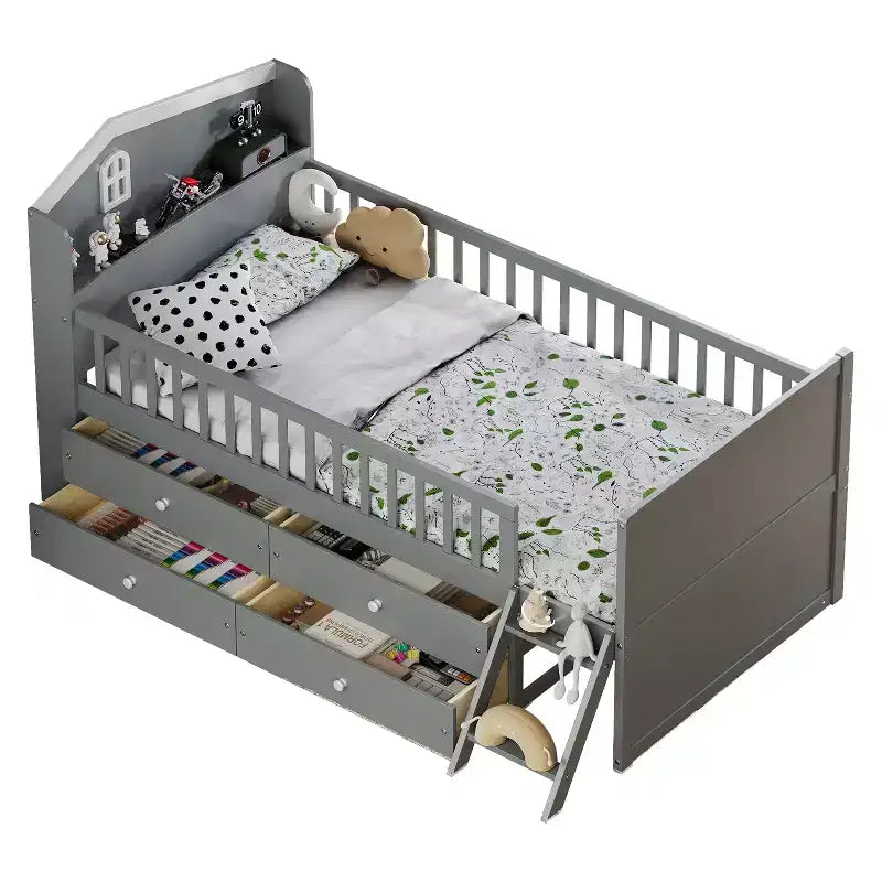 Twin Size Low Loft Bed with Storage 4 Drawers, Wooden Loft Bed with Guardrail Headboard and Ladder, Twin Platform Bed for Kids