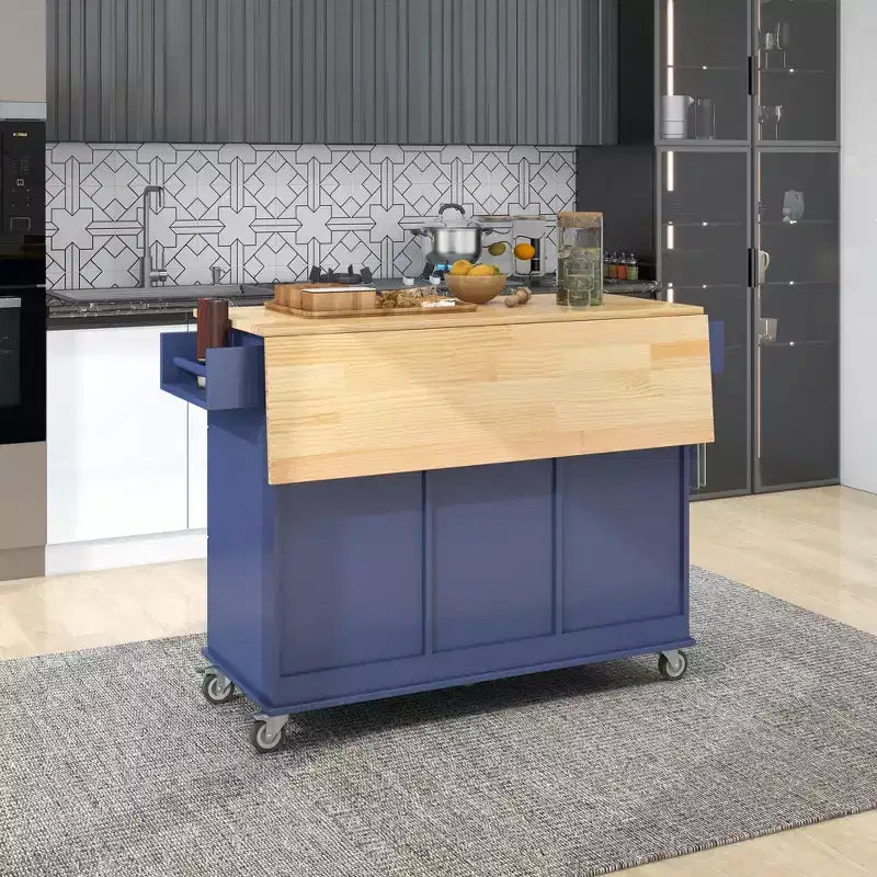 Carrello da Cucina Okak con Piano in Legno e Ruote Bloccabili, Isola da Cucina con Ribalta, Portaspezie e Portasciugamani, Organizer da Banco per la Cucina