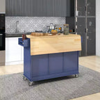 Carrello da Cucina Okak con Piano in Legno e Ruote Bloccabili, Isola da Cucina con Ribalta, Portaspezie e Portasciugamani, Organizer da Banco per la Cucina