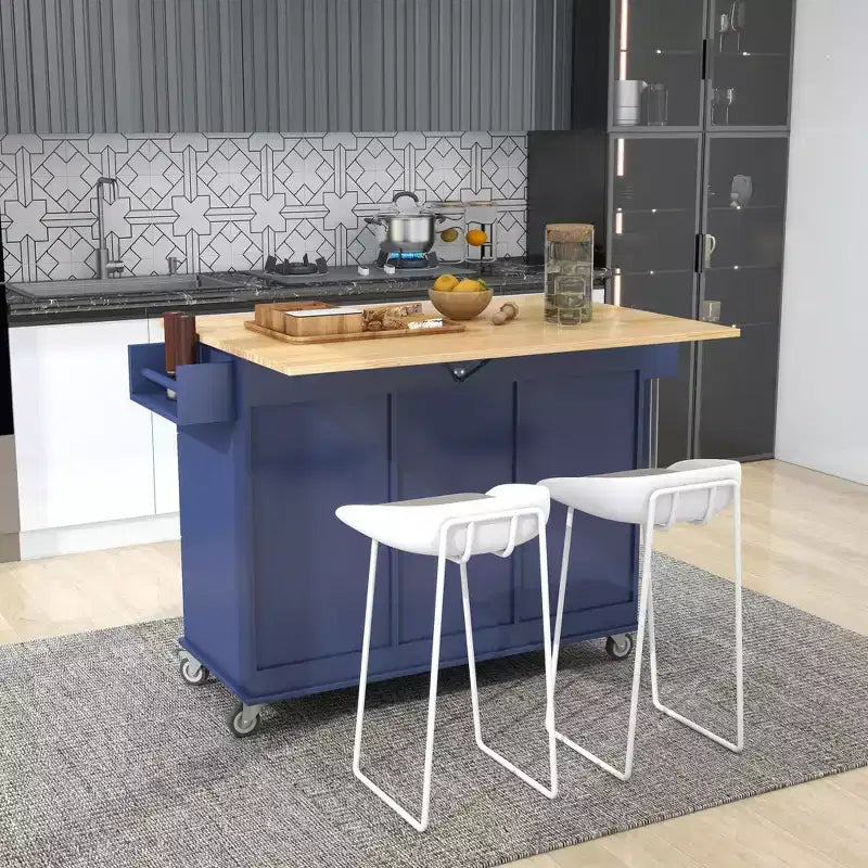 Carrello da Cucina Okak con Piano in Legno e Ruote Bloccabili, Isola da Cucina con Ribalta, Portaspezie e Portasciugamani, Organizer da Banco per la Cucina